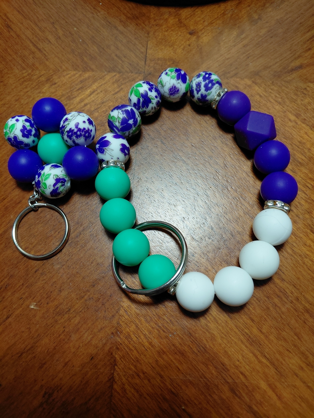 Beaded Wristlet Keychain - Purple, Teal, White Floral Beads
